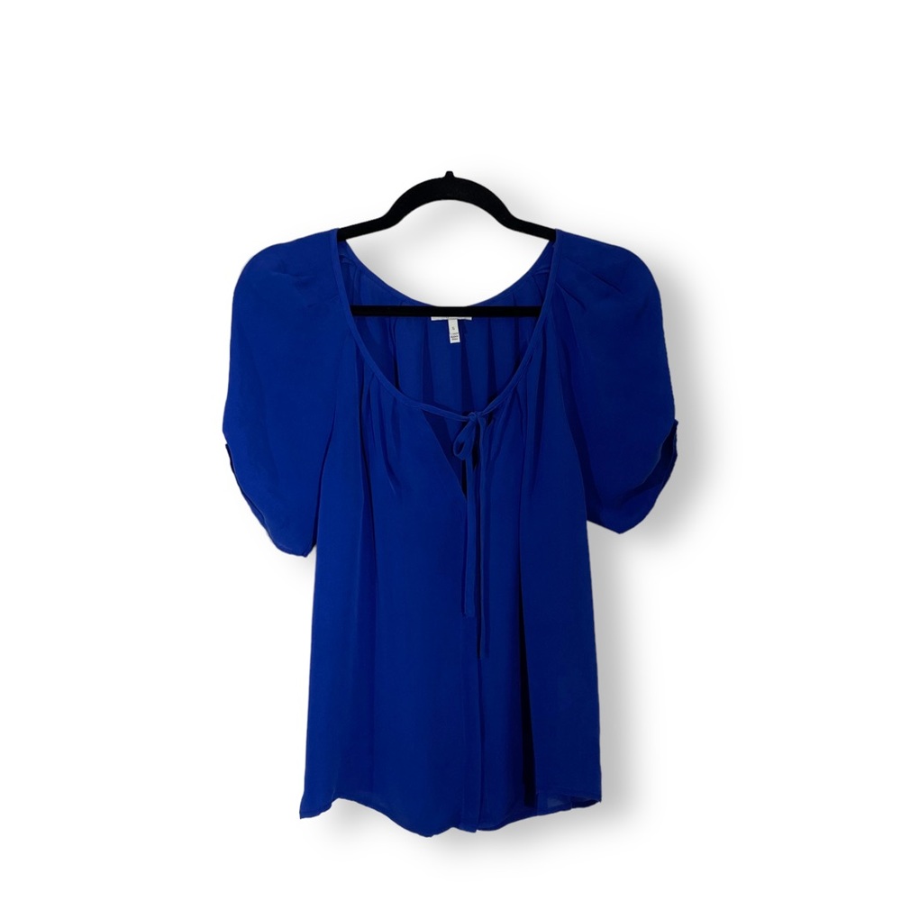 JOIE Blue Silk Tie Neck Short Sleeve Top